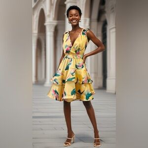 0094 Luxxel Tropical Yellow Midi Dress